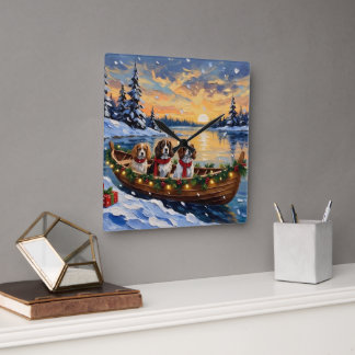 Relógio Quadrado Cavalier King Charles Spaniel Christmas Boat