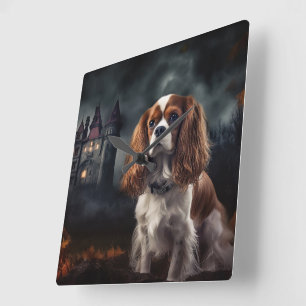 Relógio Quadrado Cavalier King Charles Spaniel Halloween Assustador