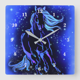 Relógio Quadrado Cavalo Azul Neon Correndo À Lua À Noite Estrelad