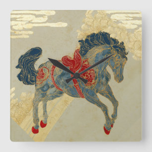 Relógio Quadrado Cavalo Azul Real Ornamentado