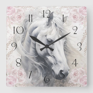 Relógio Quadrado Cavalo Branco Floral Elegante