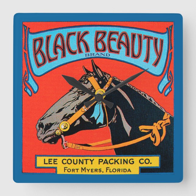 Relógio Quadrado Cavalo de Beleza Negra em Fundo Vermelho (Frente)