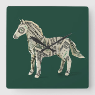Relógio Quadrado Cavalo de Origami de Dinheiro
