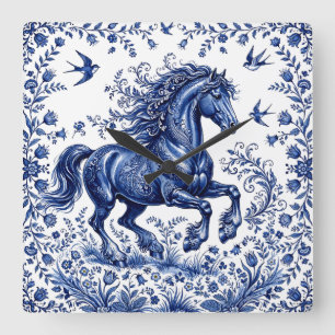 Relógio Quadrado Cavalo Frísio em Prado no Estilo Delftware de Delf