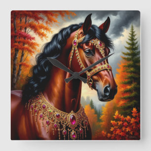 Relógio Quadrado Cavalo Majestoso com Arreios de Ouro Ornamentados