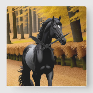 Relógio Quadrado Cavalo Preto em uma Caminho de Floresta de Outono 
