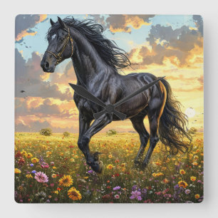 Relógio Quadrado Cavalo Preto Majestoso Galopando Através de um F V
