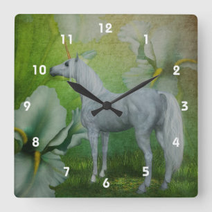 Relógio Quadrado Cavalo Unicórnio Branco E Flores Arte Fantasia