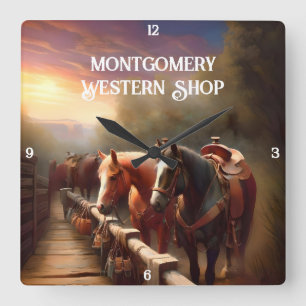 Relógio Quadrado Cavalos Atingidos a um Trilho