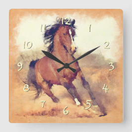 Relógio Quadrado Cavalos de Mustang Selvagem Embripeja Aquarela