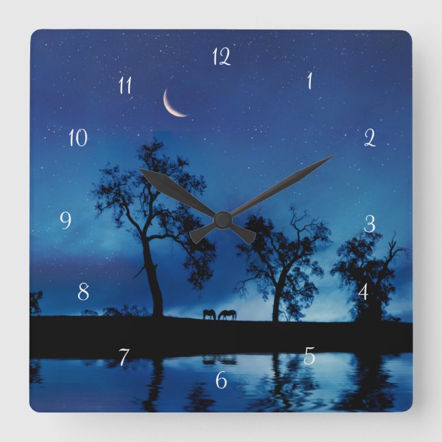 Relógio Quadrado Cavalos e estrelas da lua Fantasia Bonita (Frente)
