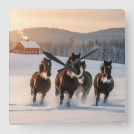 Relógio Quadrado Cavalos galopando em uma manhã de inverno - 