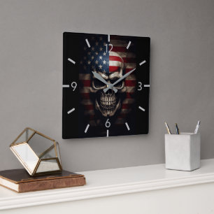 Relógio Quadrado Caveira da Bandeira Americana