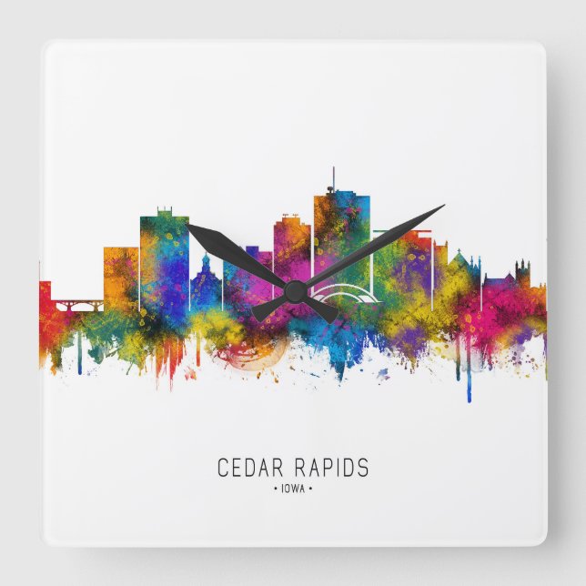 Relógio Quadrado Cedar Rapids Iowa Skyline (Frente)