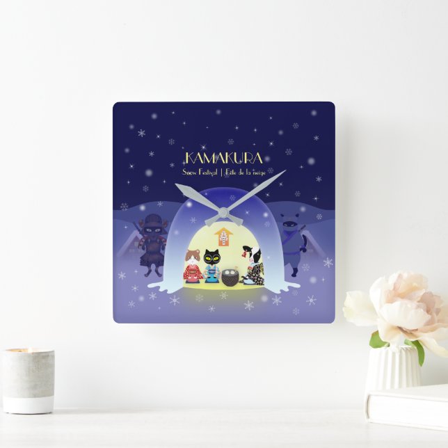 Relógio Quadrado Celebração de Neve de Edo-Neko (Lar)
