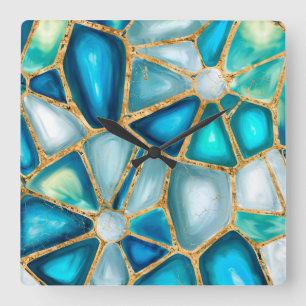 Relógio Quadrado Células d'água e douradas - oceano