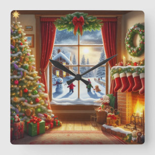 Relógio Quadrado Cena da Janela de Natal Cozy