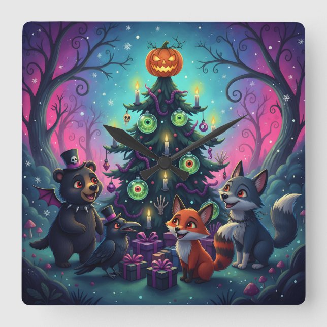 Relógio Quadrado Cena de Árvore do Hallow Xmas (Frente)