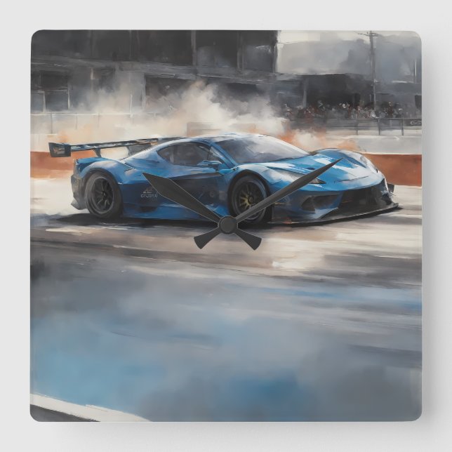 Relógio Quadrado Cena de Corrida Urbana Azul Dinâmica (Frente)