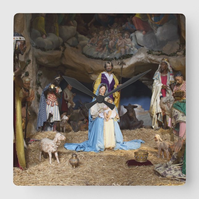 Relógio Quadrado Cena de Natal Antiquada (Frente)