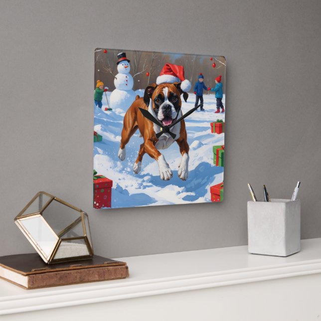 Relógio Quadrado Cena de Natal com Neve do Boxer (Escritório)