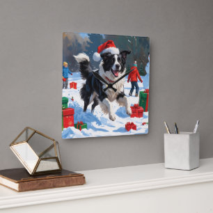 Relógio Quadrado Cena de Natal com Snow Border Collie