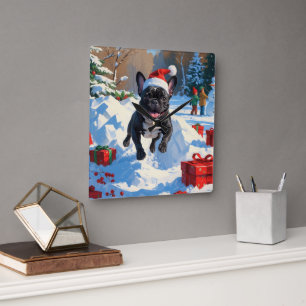 Relógio Quadrado Cena de neve festiva de Natal com Bulldog Francês 