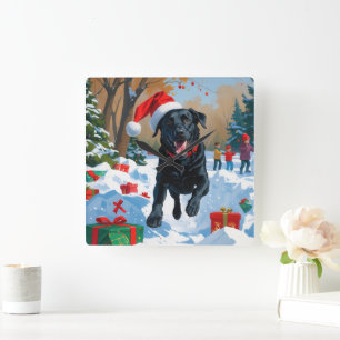 Relógio Quadrado Cena de neve festiva de Natal com Labrador preto