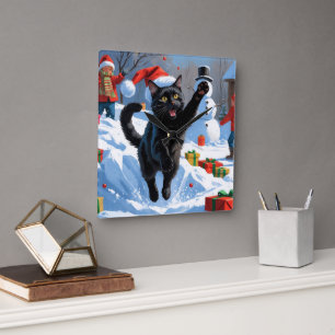 Relógio Quadrado Cena de Neve Festiva de Natal do Gato Preto