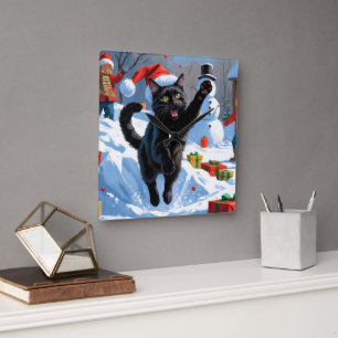 Relógio Quadrado Cena de Neve Festiva do Gato Preto de Natal