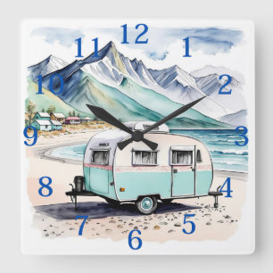 Relógio Quadrado Cena de Praia de Caravan para Camping Retro