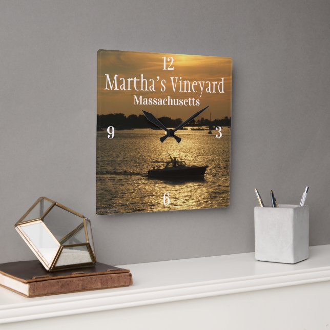 Relógio Quadrado Cena do Barco do Porto Tarde da Noite Sol Atrás da (Escritório)