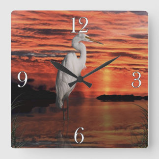 Relógio Quadrado Cena Natureza de Egret Branco e Solar