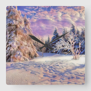 Relógio Quadrado Cenário de inverno com aquarela de árvores nevadas