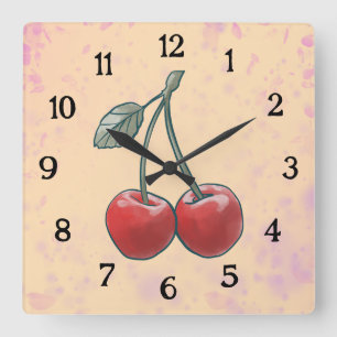 Relógio Quadrado Cereja Aquarela Fruta Rosa