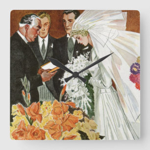 Relógio Quadrado Cerimônia de Casamento Vintage com Noiva e Noivo