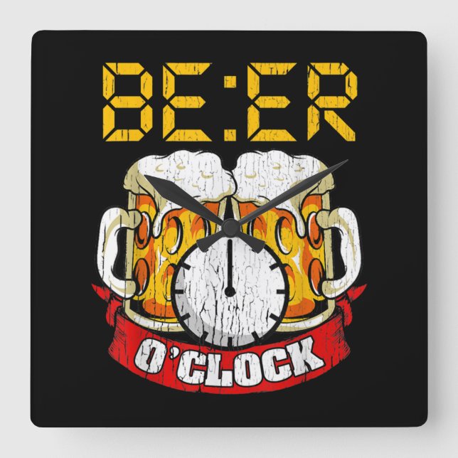 Relógio Quadrado Cerveja O.clock Engraçado Bebendo Humor Adulto (Frente)