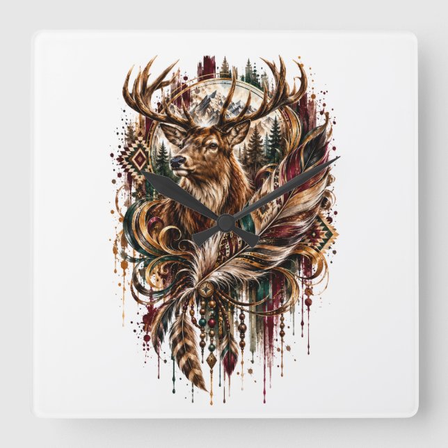 Relógio Quadrado Cervo Boho, Sonhando com Cervo (Frente)