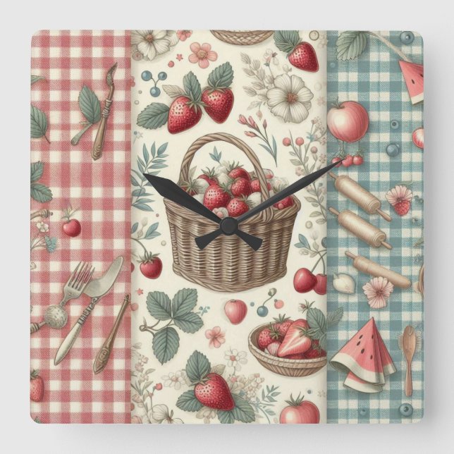 Relógio Quadrado Cesta de Frutas Gingham Diversão (Frente)