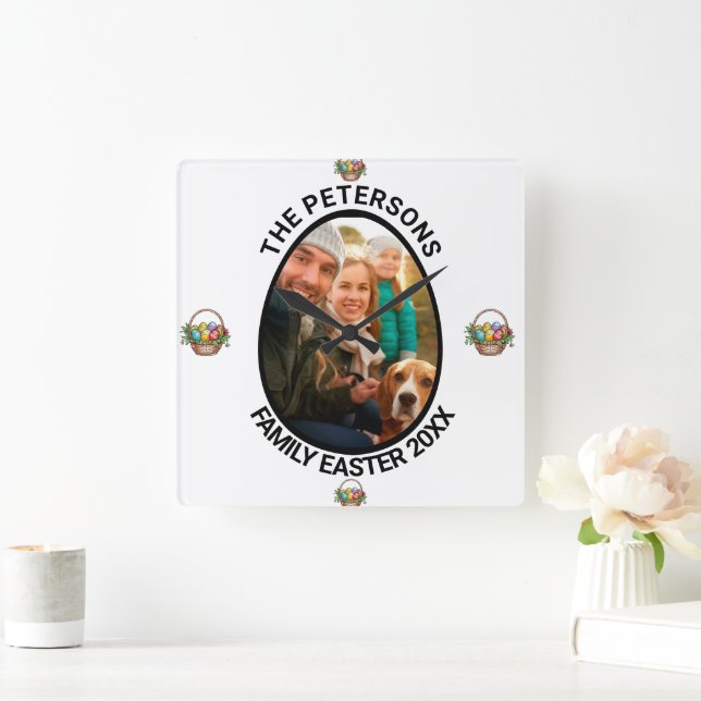 Relógio Quadrado Cesto de Ovos de Fotografia da Páscoa Personalizad (Lar)