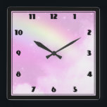 Relógio Quadrado Céu rosa com arco-íris amarelo limão<br><div class="desc">Um relógio com um belo fundo. Um céu pastel cor-de-rosa com nuvens lisas e um arco-íris cor de limão. Design mágico e caprichoso.</div>