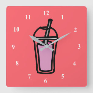 Relógio Quadrado Chá com leite Bubble Tea adolescente menina rosa