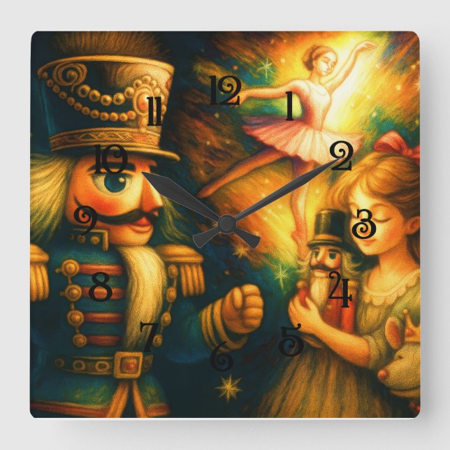 Relógio Quadrado Chalk Desenhando um Balé de Nutcracker Bonito Nata (Frente)