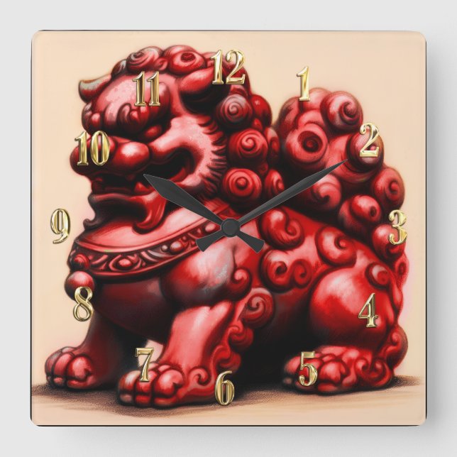 Relógio Quadrado Chalk Desenho Chinês Foo Dog Vermelho (Frente)