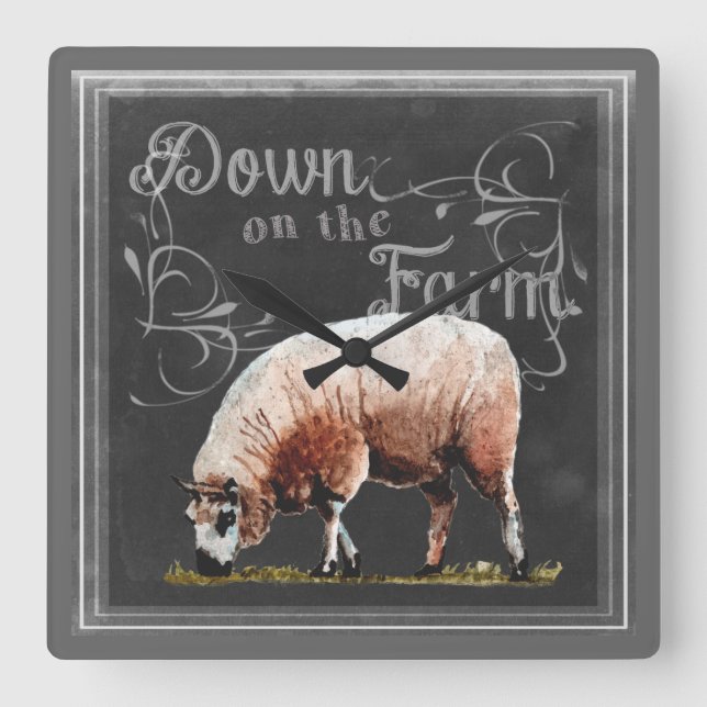 Relógio Quadrado Chalkboard Farm | Down on the Farm Sheep (Frente)