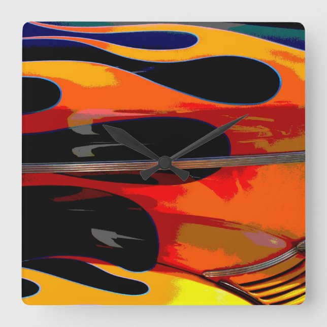 Relógio Quadrado Chamas Hot Rod (Frente)