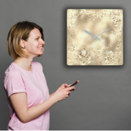 Relógio Quadrado Champaigne Dourado Folheto Tropical Metálico Botân