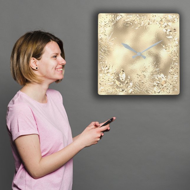 Relógio Quadrado Champaigne Dourado Folheto Tropical Metálico Botân (Champaigne Gold Tropical Leafs Botanical Metallic Square Wall Clock)