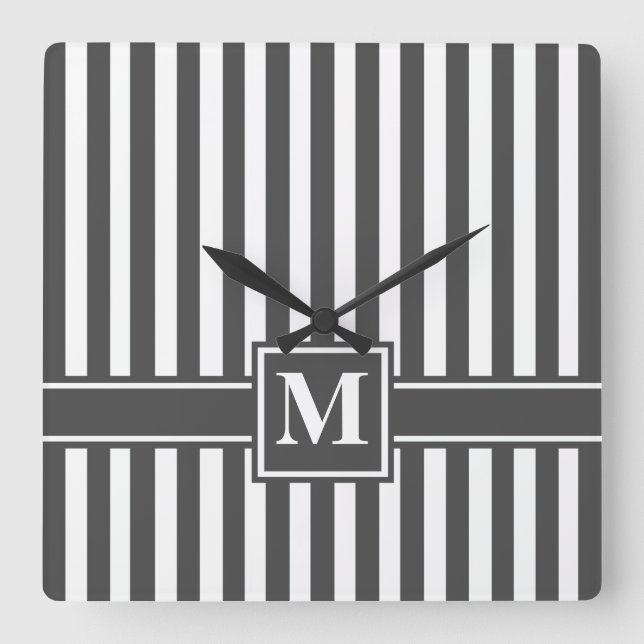Relógio Quadrado Charcoal Modern Stripe with Monogram (Frente)