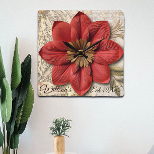 Relógio Quadrado Charme Botânico Vintage na Flor de Papel 3D Vermel
